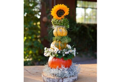 3 Kürbisse in den Farben unten orange, in der mitte orange-grün und oben gelb gestapelt auf einer Holzscheibe. Auf dem obersten Kürbis befindet sich eine Sonnenblume, zwischen den Kürbissen befindet sich Moos. Der Kürbisturm ist auf einer Holzscheibe. Im Hintergrund eine Hütte und ein Baum.